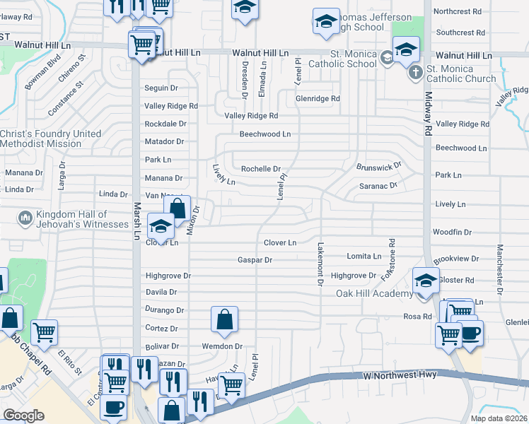 map of restaurants, bars, coffee shops, grocery stores, and more near 3870 Van Ness Lane in Dallas