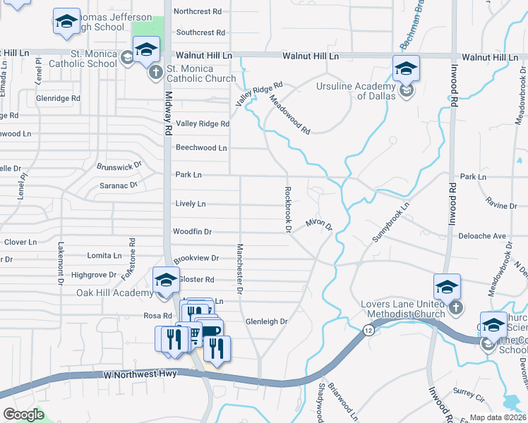 map of restaurants, bars, coffee shops, grocery stores, and more near 4430 Lively Lane in Dallas