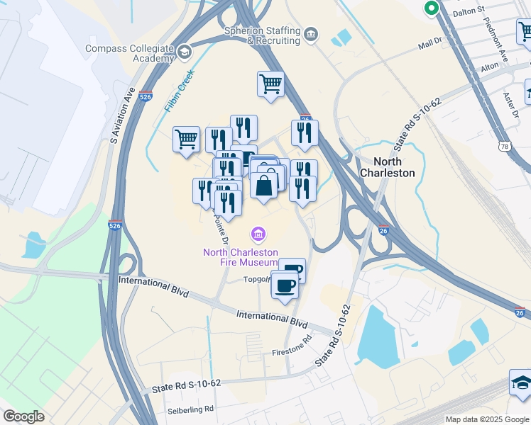 map of restaurants, bars, coffee shops, grocery stores, and more near 4840 Tanger Outlet Boulevard in North Charleston