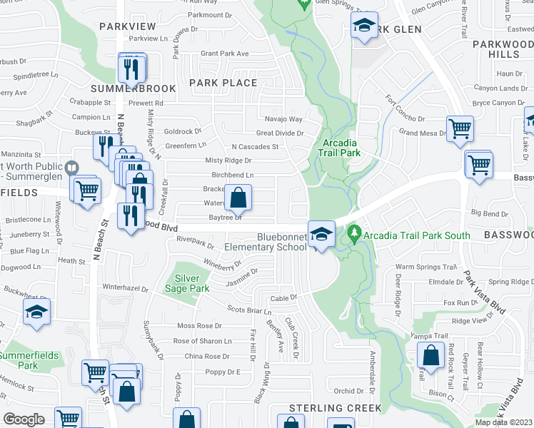 map of restaurants, bars, coffee shops, grocery stores, and more near 4753 Baytree Drive in Fort Worth