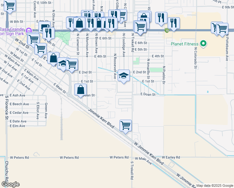 map of restaurants, bars, coffee shops, grocery stores, and more near 1009 East Doan Street in Casa Grande