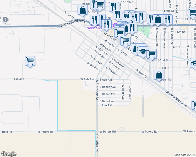 map of restaurants, bars, coffee shops, grocery stores, and more near 101 East 4th Street in Casa Grande