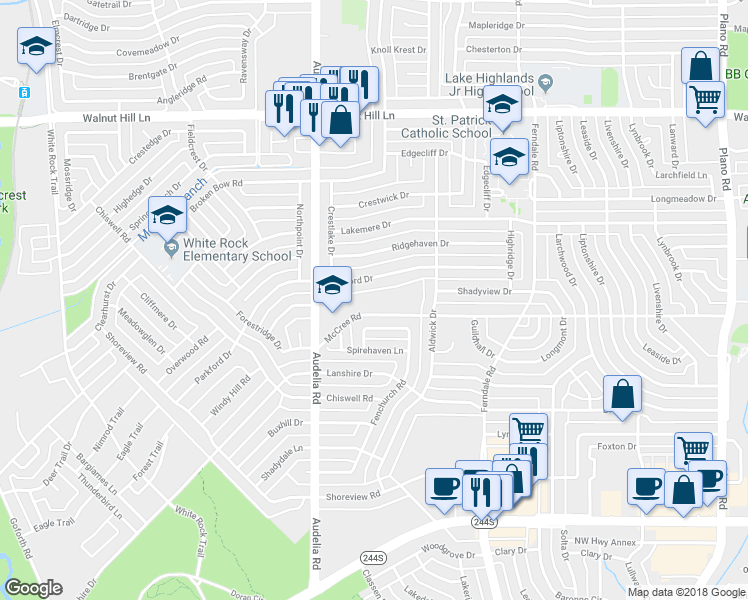 map of restaurants, bars, coffee shops, grocery stores, and more near 9919 McCree Road in Dallas