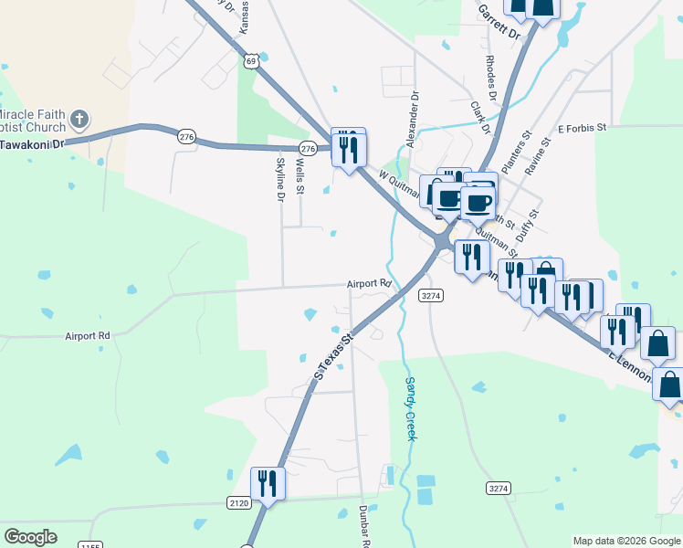 map of restaurants, bars, coffee shops, grocery stores, and more near 260 Airport Road in Emory