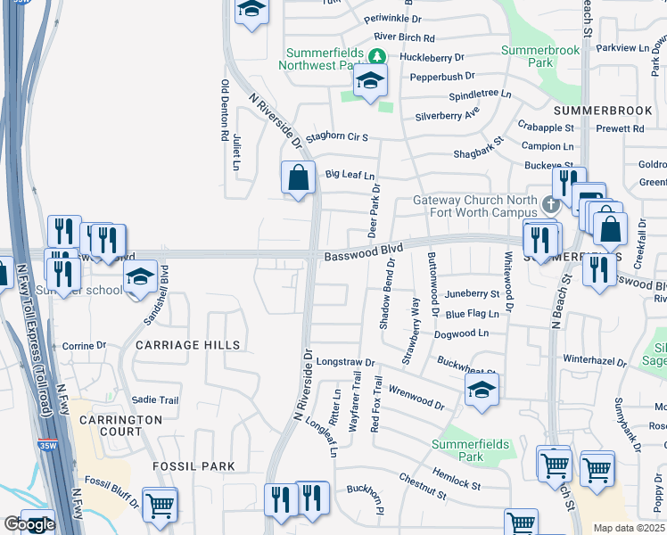 map of restaurants, bars, coffee shops, grocery stores, and more near 3724 Basswood Boulevard in Fort Worth