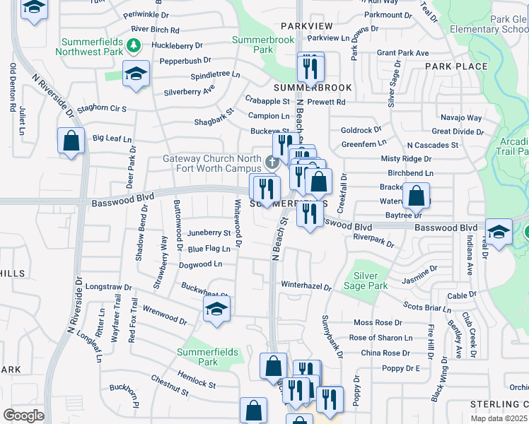 map of restaurants, bars, coffee shops, grocery stores, and more near 7367 North Beach Street in Fort Worth
