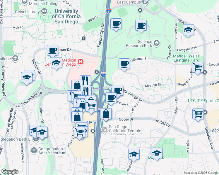 map of restaurants, bars, coffee shops, grocery stores, and more near La Jolla Village Drive in San Diego