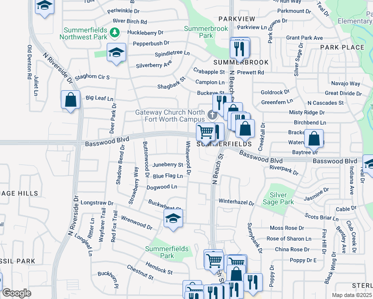 map of restaurants, bars, coffee shops, grocery stores, and more near 7312 Whitewood Drive in Fort Worth