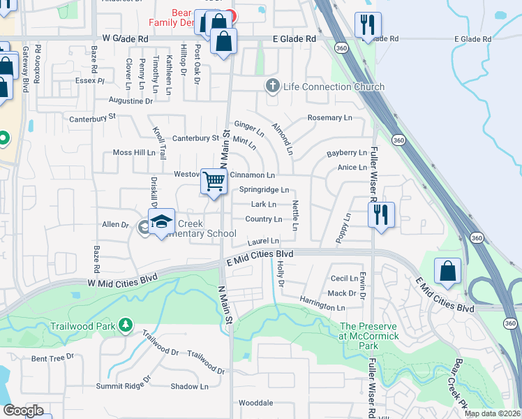 map of restaurants, bars, coffee shops, grocery stores, and more near 210 Lark Lane in Euless