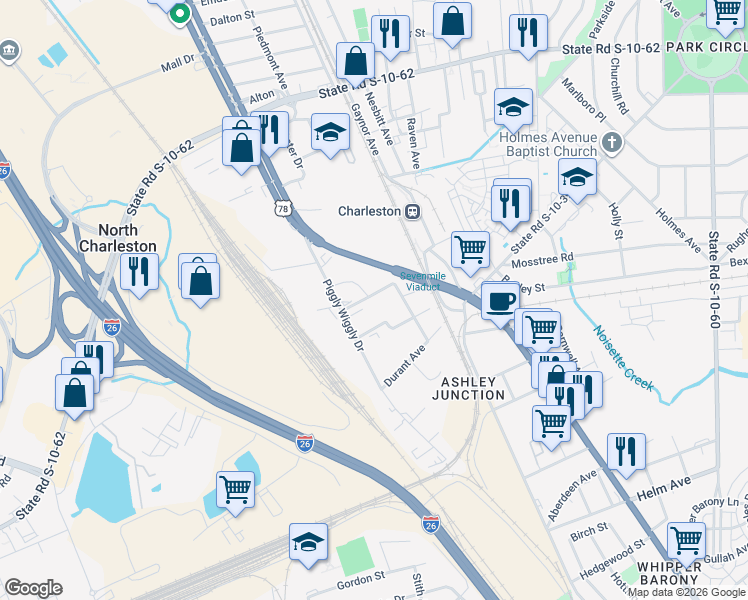 map of restaurants, bars, coffee shops, grocery stores, and more near 2149 West Jimtown Drive in North Charleston