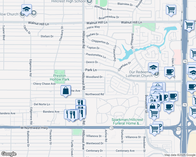 map of restaurants, bars, coffee shops, grocery stores, and more near 7010 Woodland Drive in Dallas