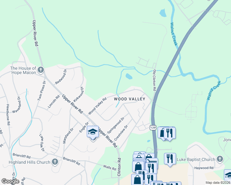 map of restaurants, bars, coffee shops, grocery stores, and more near 1910 Wood Valley Road in Macon