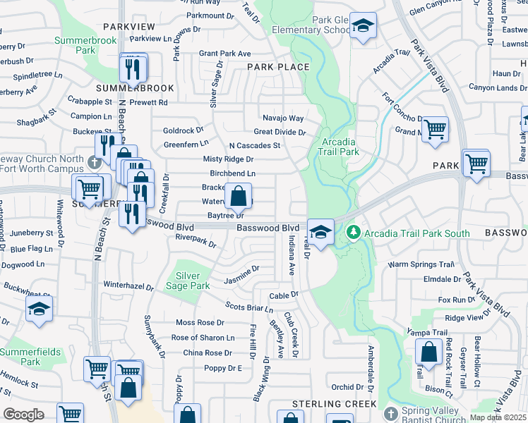 map of restaurants, bars, coffee shops, grocery stores, and more near 4748 Waterway Drive North in Fort Worth