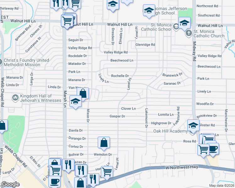 map of restaurants, bars, coffee shops, grocery stores, and more near 3870 Van Ness Lane in Dallas