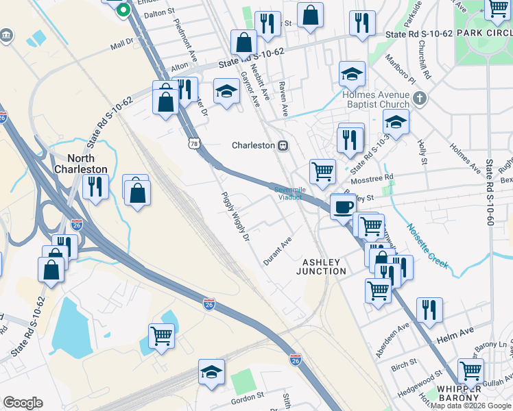 map of restaurants, bars, coffee shops, grocery stores, and more near 2149 West Jimtown Drive in North Charleston