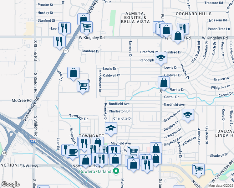 map of restaurants, bars, coffee shops, grocery stores, and more near 3606 Waldorf Drive in Garland