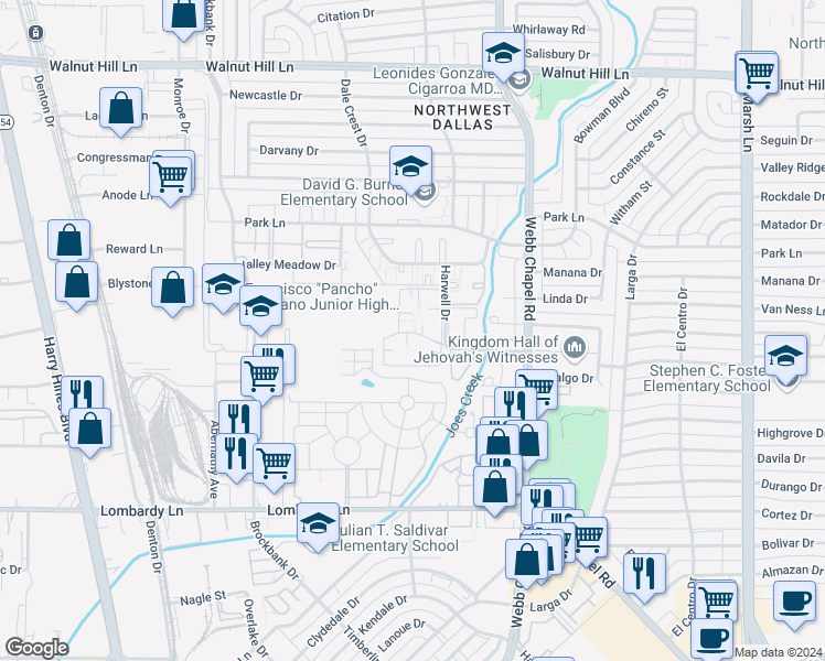 map of restaurants, bars, coffee shops, grocery stores, and more near 9815 Harwell Drive in Dallas