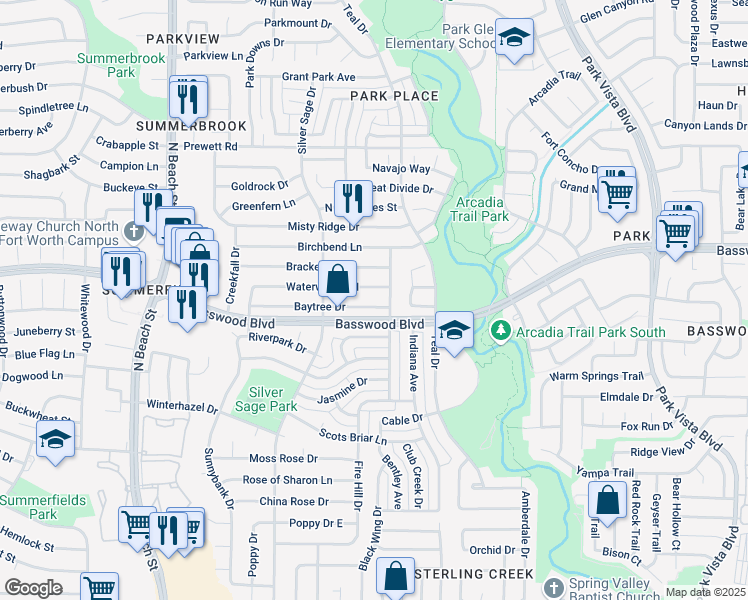 map of restaurants, bars, coffee shops, grocery stores, and more near 4748 Waterway Drive North in Fort Worth