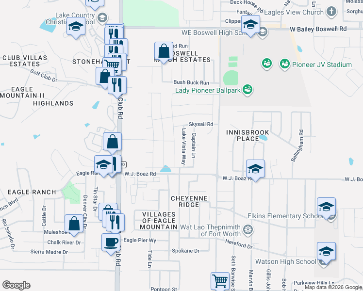 map of restaurants, bars, coffee shops, grocery stores, and more near 7609 Lake Vista Way in Fort Worth