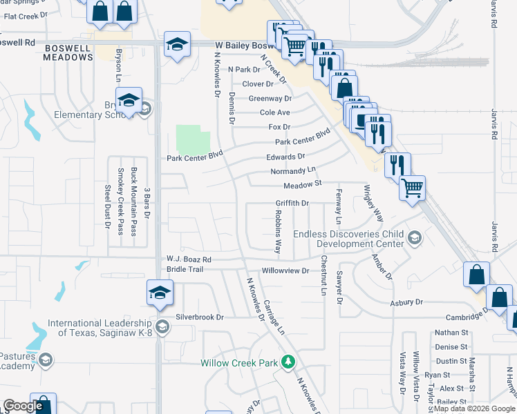 map of restaurants, bars, coffee shops, grocery stores, and more near 577 Griffith Drive in Saginaw