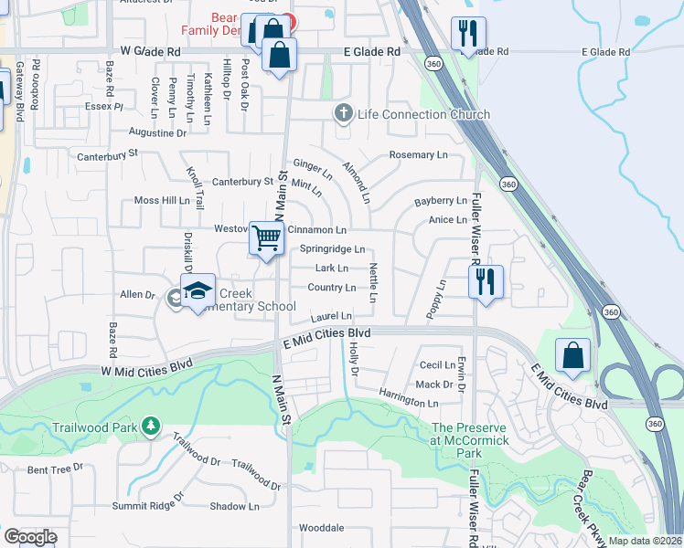 map of restaurants, bars, coffee shops, grocery stores, and more near 210 Lark Lane in Euless