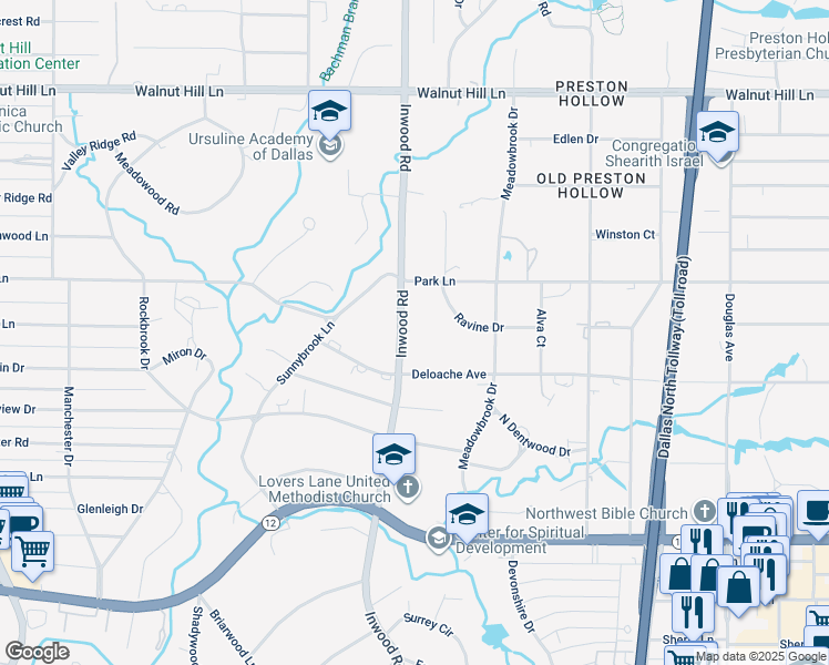 map of restaurants, bars, coffee shops, grocery stores, and more near 9438 Inwood Road in Dallas