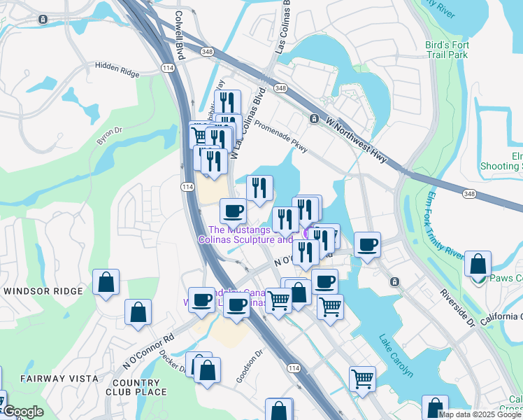 map of restaurants, bars, coffee shops, grocery stores, and more near 227 West Las Colinas Boulevard in Irving