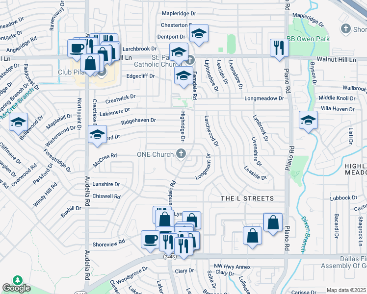 map of restaurants, bars, coffee shops, grocery stores, and more near 10140 Shadyview Drive in Dallas
