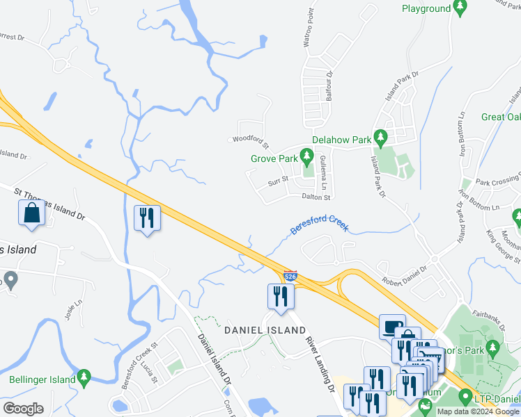 map of restaurants, bars, coffee shops, grocery stores, and more near 35 Dalton Street in Charleston