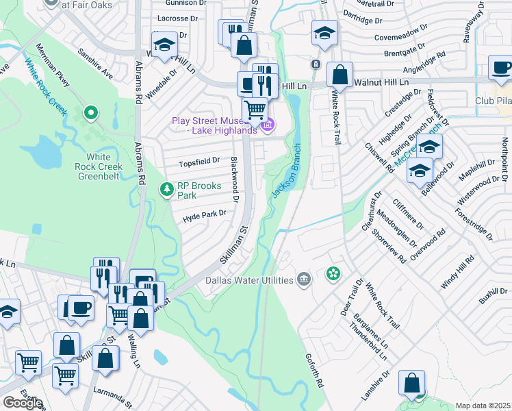 map of restaurants, bars, coffee shops, grocery stores, and more near 6910 Skillman Street in Dallas