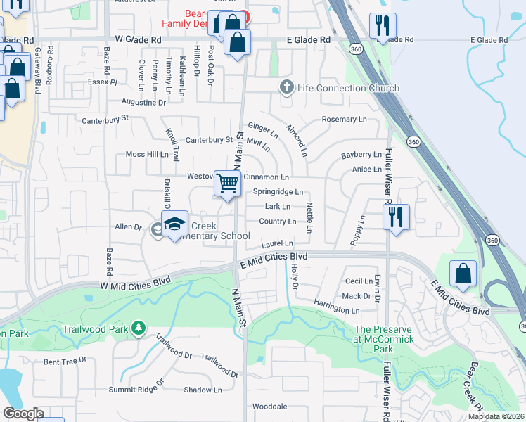 map of restaurants, bars, coffee shops, grocery stores, and more near 108 Lark Lane in Euless