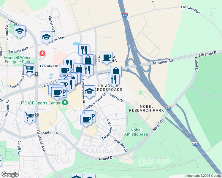 map of restaurants, bars, coffee shops, grocery stores, and more near 9085 Judicial Drive in San Diego