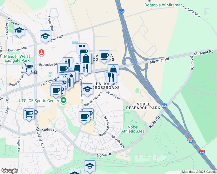 map of restaurants, bars, coffee shops, grocery stores, and more near 9085 Judicial Drive in San Diego