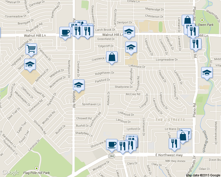 map of restaurants, bars, coffee shops, grocery stores, and more near 10006 Shadyview Dr in Dallas