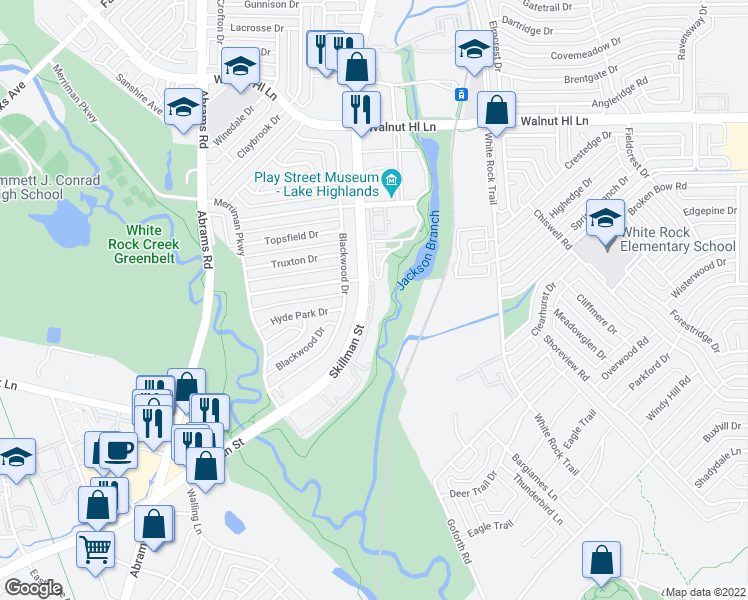 map of restaurants, bars, coffee shops, grocery stores, and more near 6910 Skillman Street in Dallas