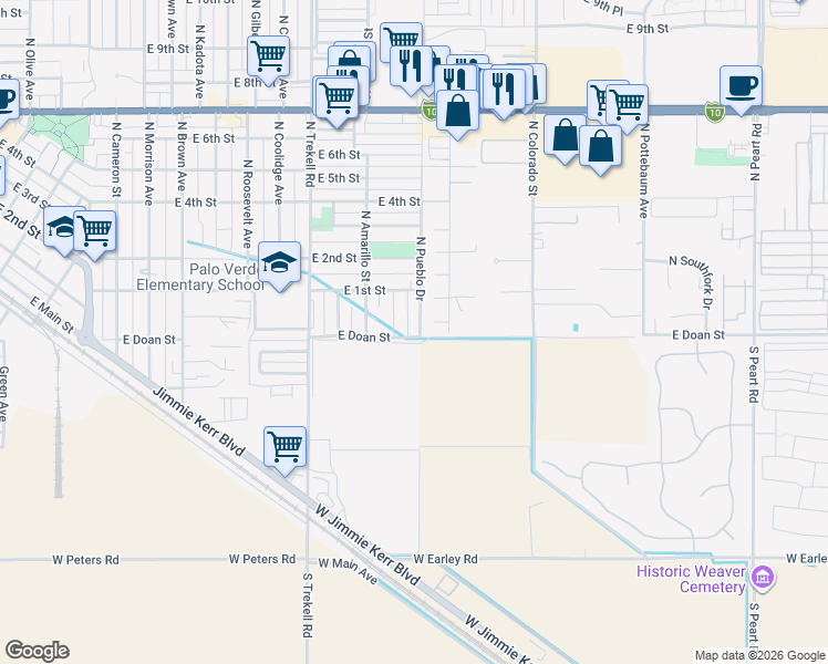 map of restaurants, bars, coffee shops, grocery stores, and more near 50 North Pueblo Drive in Casa Grande