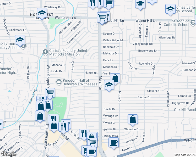 map of restaurants, bars, coffee shops, grocery stores, and more near 3655 La Joya Drive in Dallas
