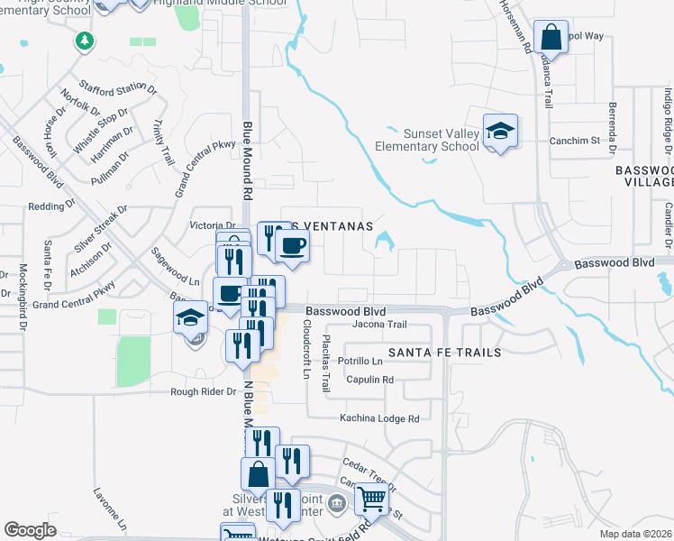 map of restaurants, bars, coffee shops, grocery stores, and more near 7201 Navoti Trail in Fort Worth