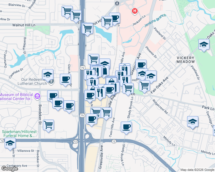 map of restaurants, bars, coffee shops, grocery stores, and more near 8139 Park Lane in Dallas