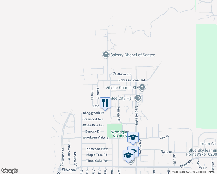 map of restaurants, bars, coffee shops, grocery stores, and more near 10758 Princess Arlene Drive in Santee