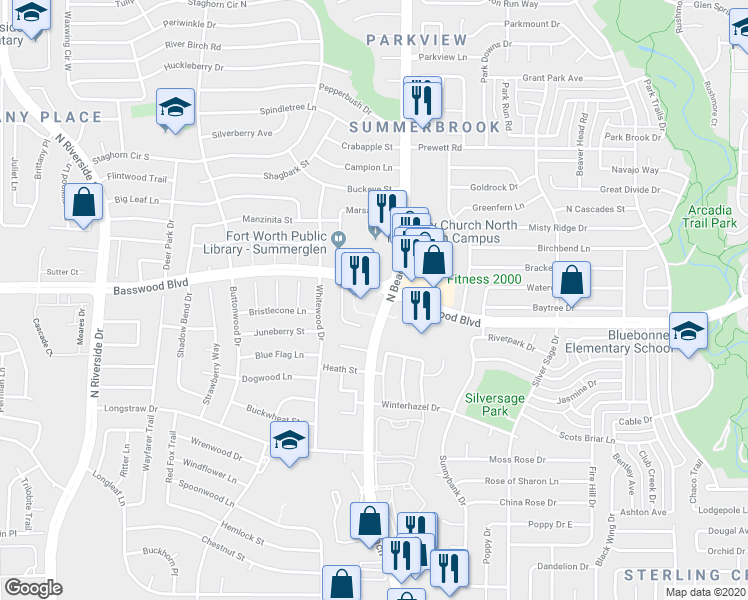 map of restaurants, bars, coffee shops, grocery stores, and more near 7367 North Beach Street in Fort Worth
