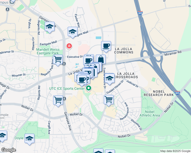 map of restaurants, bars, coffee shops, grocery stores, and more near 4577 La Jolla Village Dr in San Diego