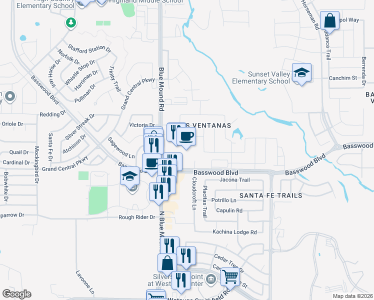 map of restaurants, bars, coffee shops, grocery stores, and more near 1653 Basswood Boulevard in Fort Worth