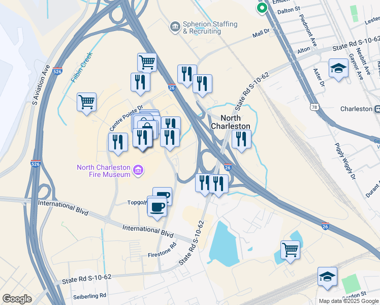 map of restaurants, bars, coffee shops, grocery stores, and more near 5045 North Arco Lane in North Charleston