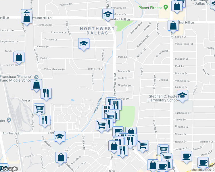 map of restaurants, bars, coffee shops, grocery stores, and more near 3307 Chapel Creek Drive in Dallas