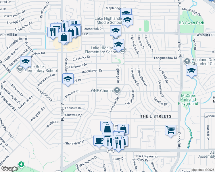 map of restaurants, bars, coffee shops, grocery stores, and more near 10042 Shadyview Drive in Dallas