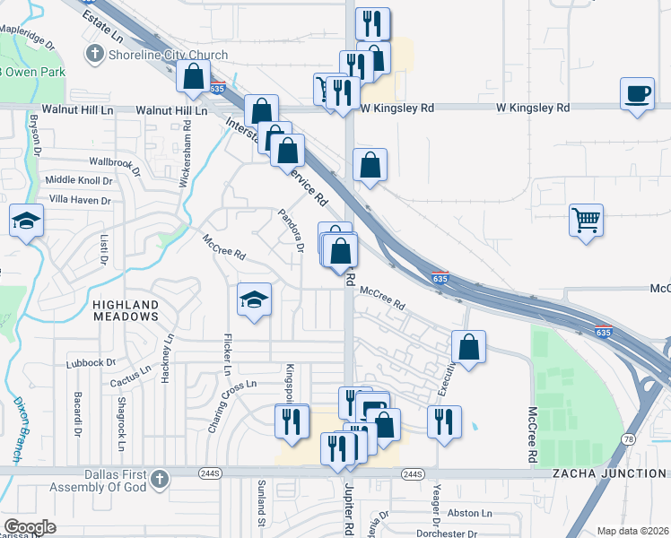 map of restaurants, bars, coffee shops, grocery stores, and more near 12959 Jupiter Road in Dallas