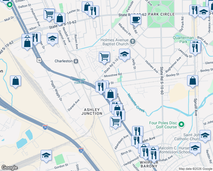 map of restaurants, bars, coffee shops, grocery stores, and more near 1555 Bexley Street in North Charleston