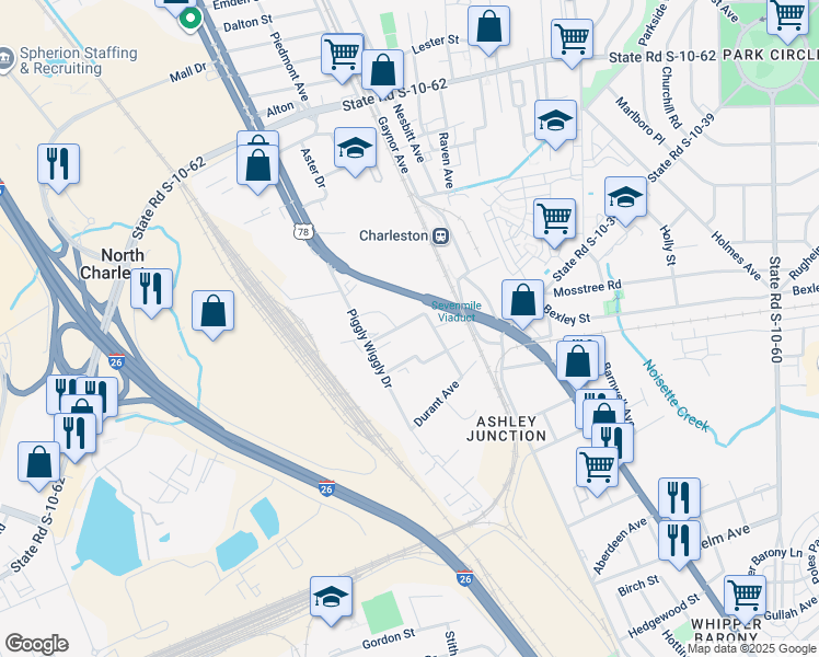 map of restaurants, bars, coffee shops, grocery stores, and more near 2149 West Jimtown Drive in North Charleston