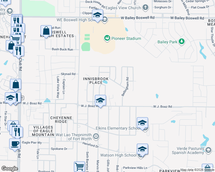 map of restaurants, bars, coffee shops, grocery stores, and more near 7452 Durness Drive in Fort Worth